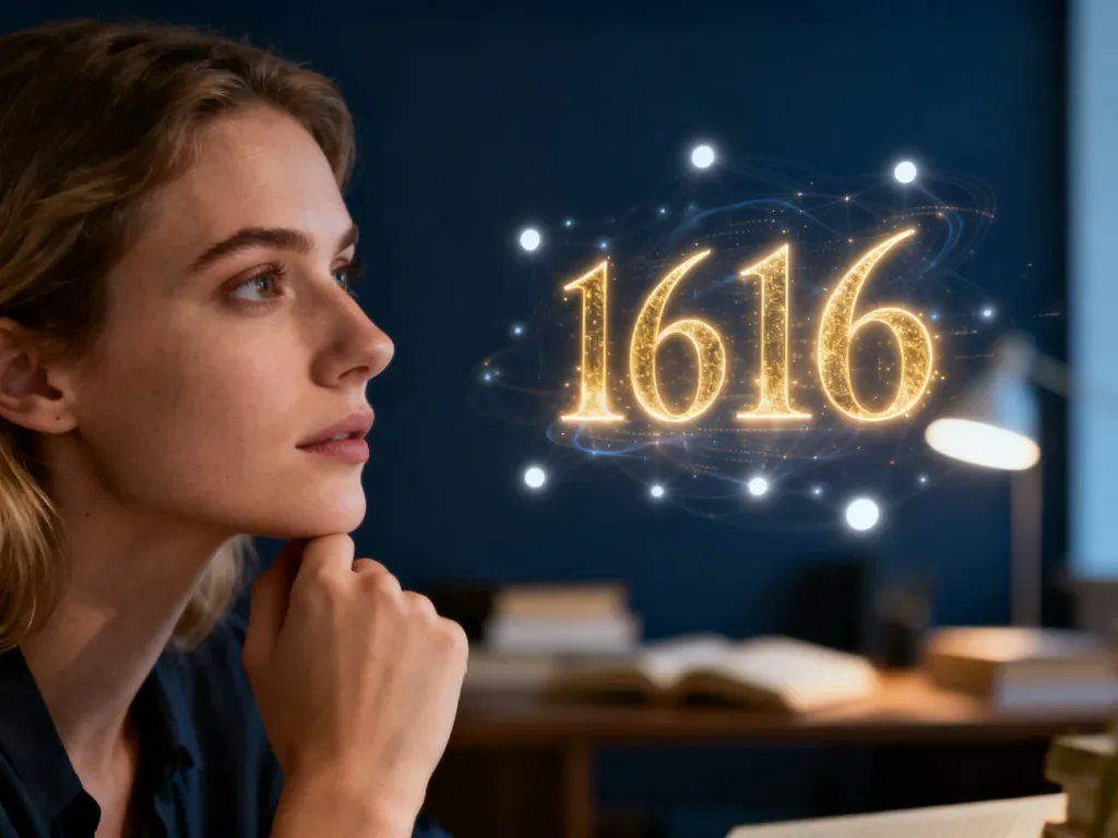 Kobieta zamyślona nad eteryczną, świecącą liczbą 1616, symbolizującą duchowe znaczenie tej sekwencji w numerologii.