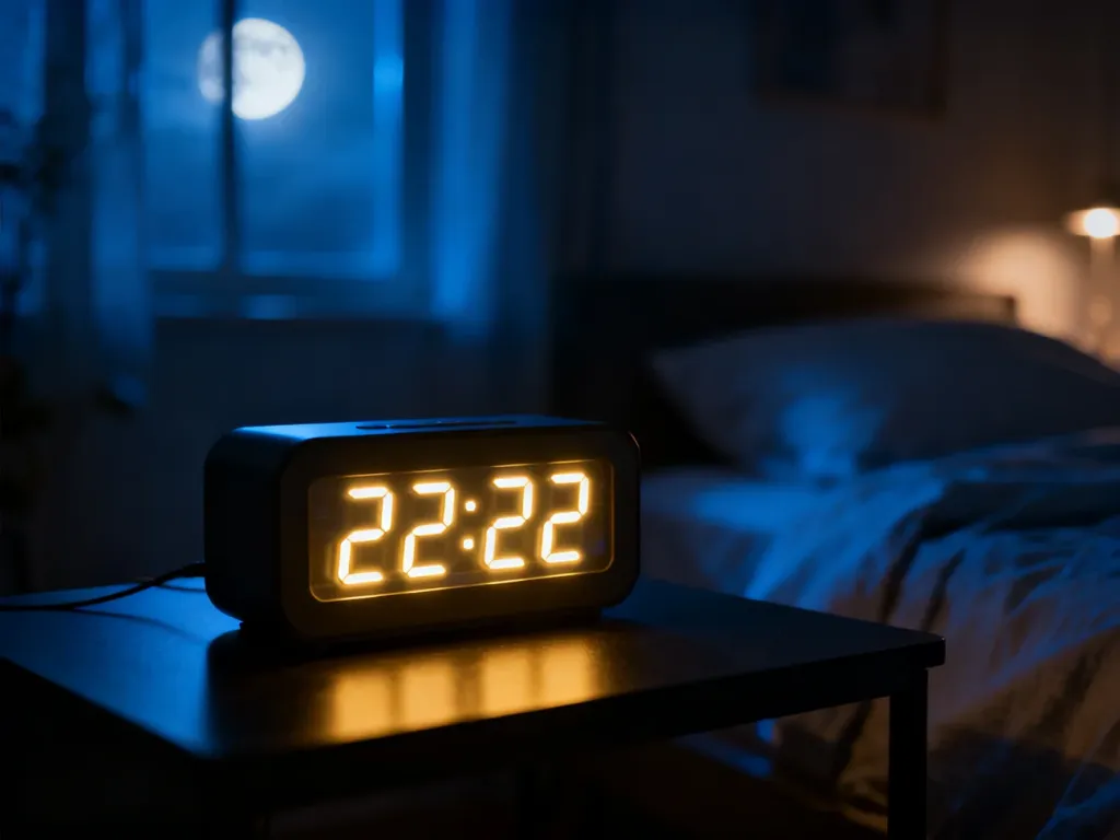 Cyfrowy zegar wyświetlający godzinę 22:22 w przytulnej, nastrojowej sypialni skąpanej w świetle księżyca.