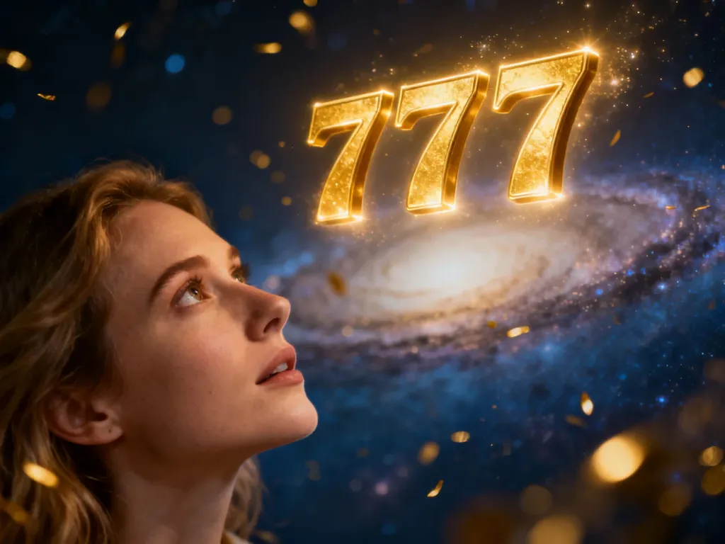 Kobieta z zachwytem wpatruje się w unoszącą się w powietrzu, złotą liczbę 777 na tle kosmicznej galaktyki.
