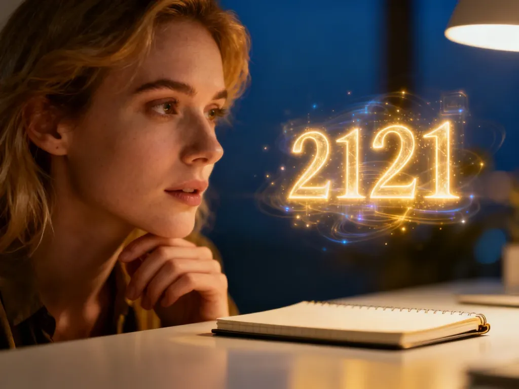 Kobieta zamyślona nad eteryczną projekcją liczby 2121, symbolizującą duchowe znaczenie tej sekwencji w numerologii.