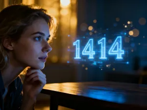 Kobieta zamyślona nad eteryczną projekcją liczby 2121, symbolizującą duchowe znaczenie tej sekwencji w numerologii.
