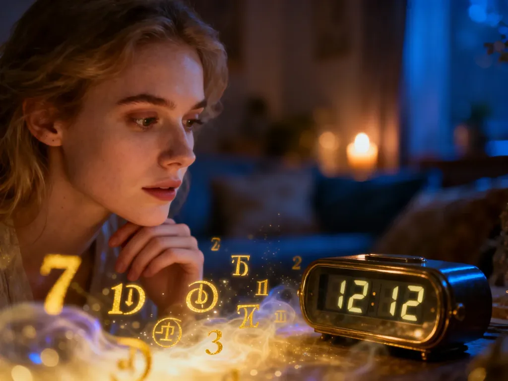Kobieta zamyślona nad zegarem cyfrowym wskazującym godzinę 12:12 w otoczeniu mistycznych, złotych symboli numerologicznych.