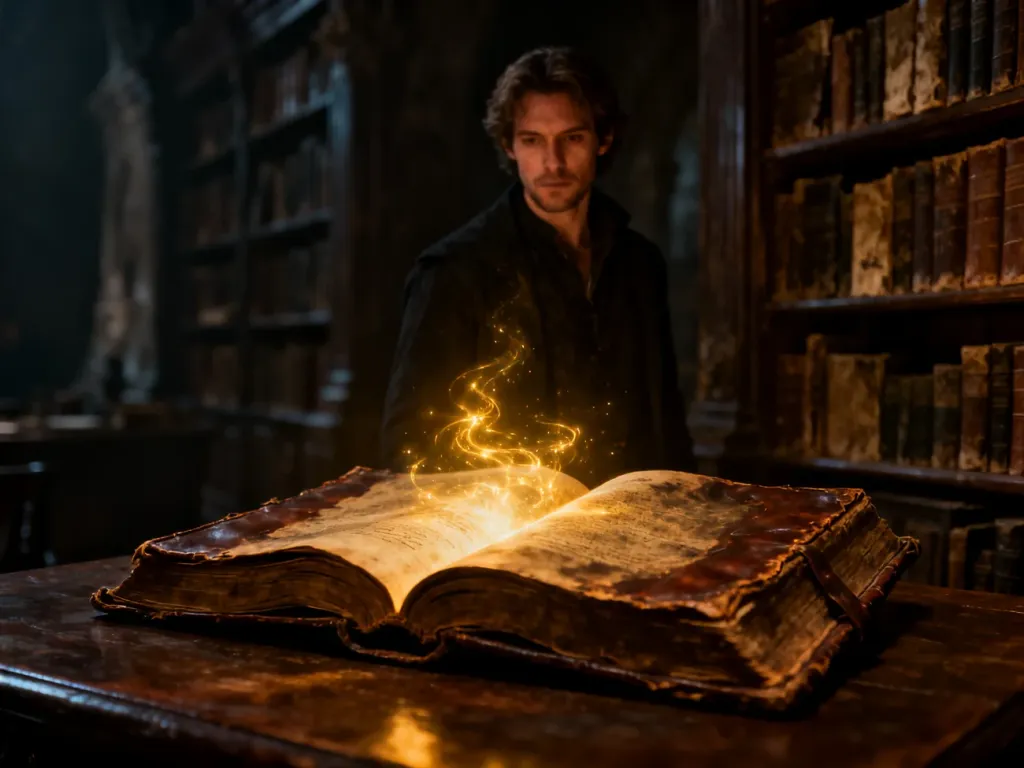 Mężczyzna w mrocznej bibliotece przy otwartej, magicznie świecącej księdze, nawiązującej do tajemniczej symboliki liczby 666.